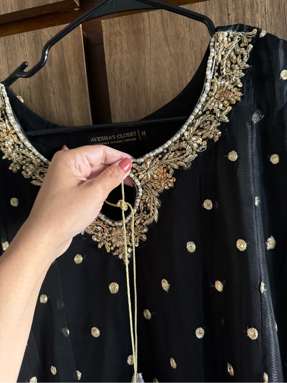 Ayesha’s Closet Black Embellished Anarkali Dress with Gold Motif 3 Piece Set - Picture 6 of 8
